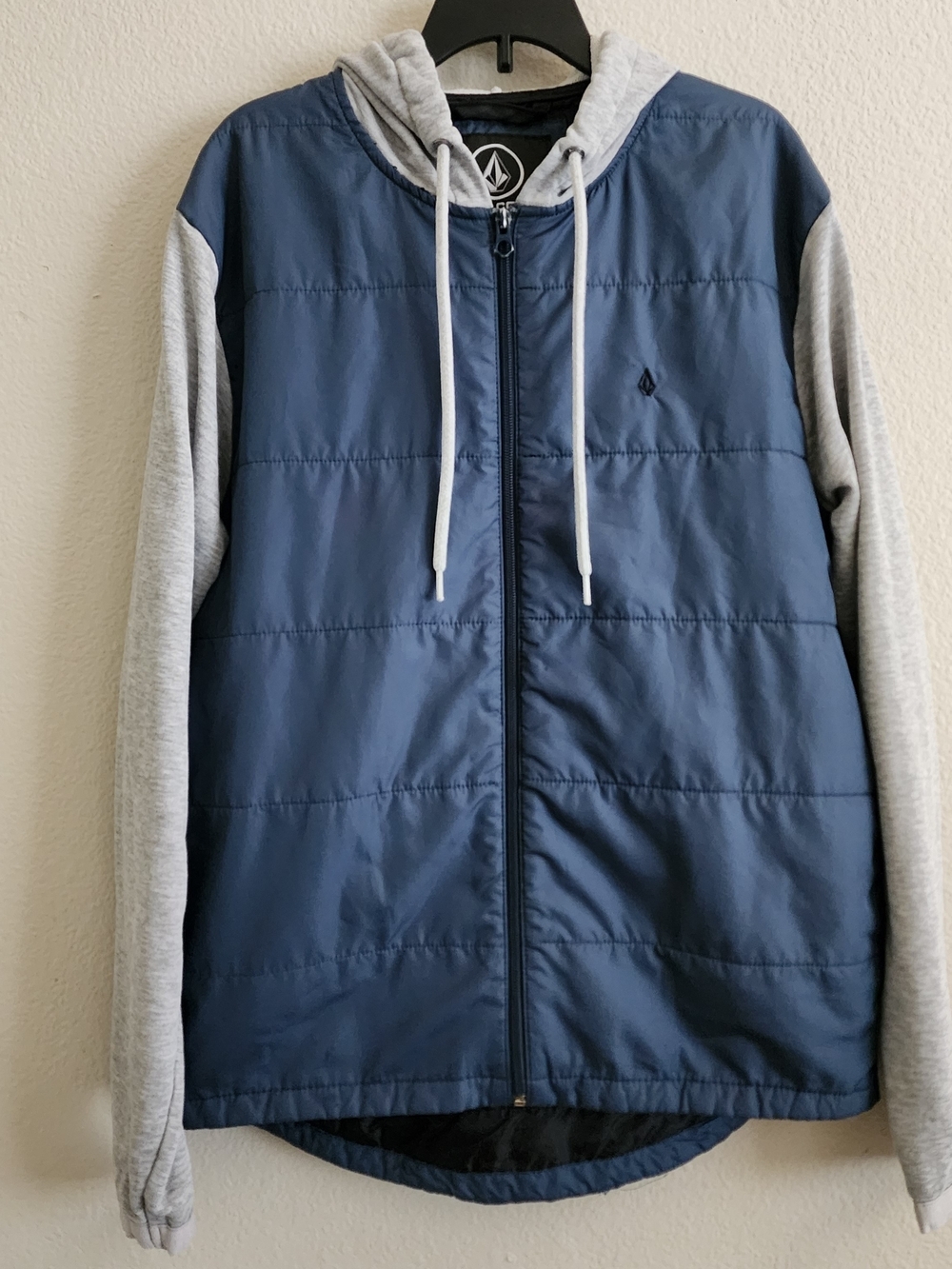 Volcom Men's Quilted Hybrid Hooded Full Zip Jacket Blue Grey Size M